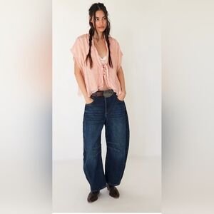 Free People Good Luck Dark Blue Midrise Barrel Jeans